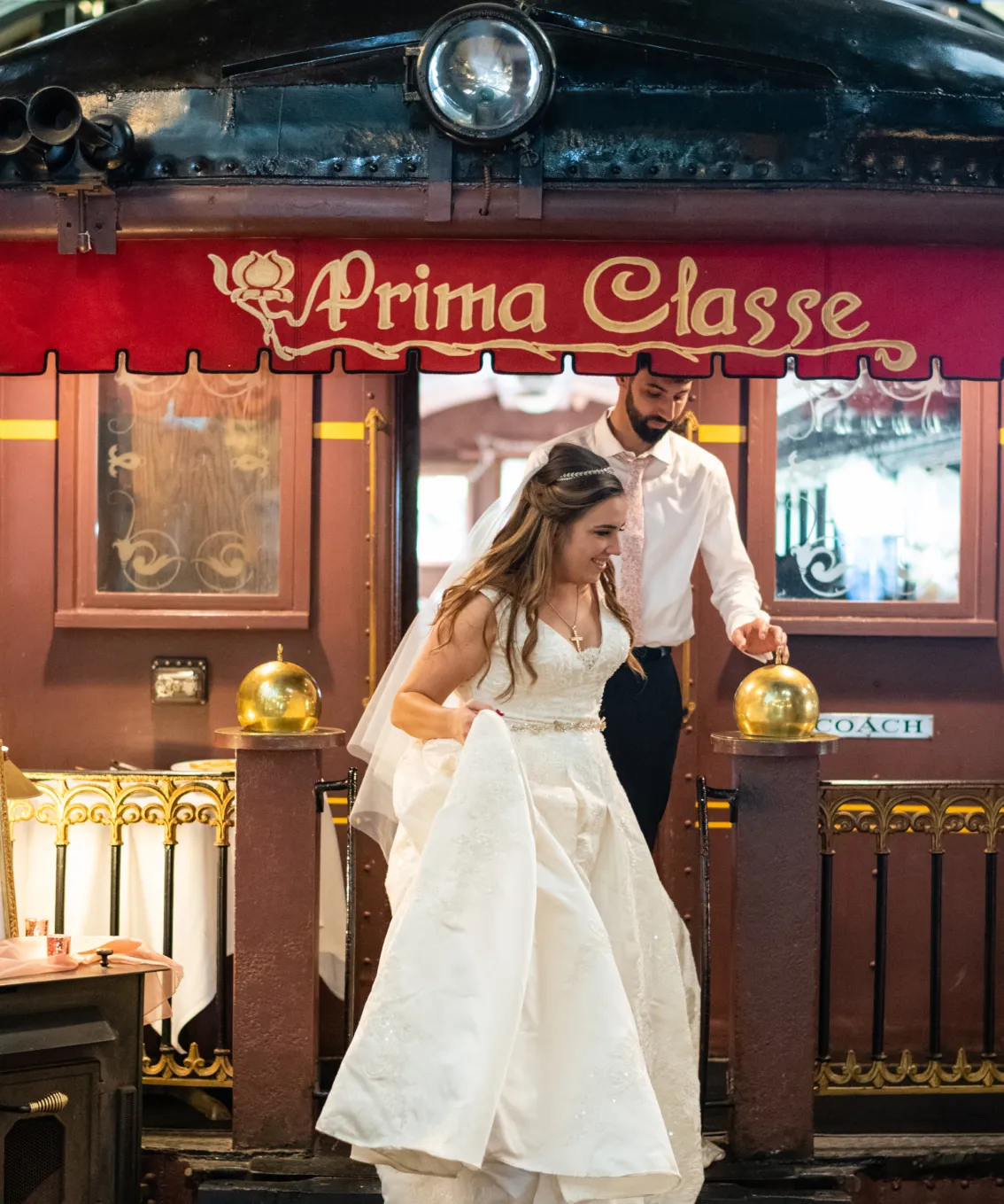 A bride stepping off the Prima Classe dining car at DiSalvo's Station